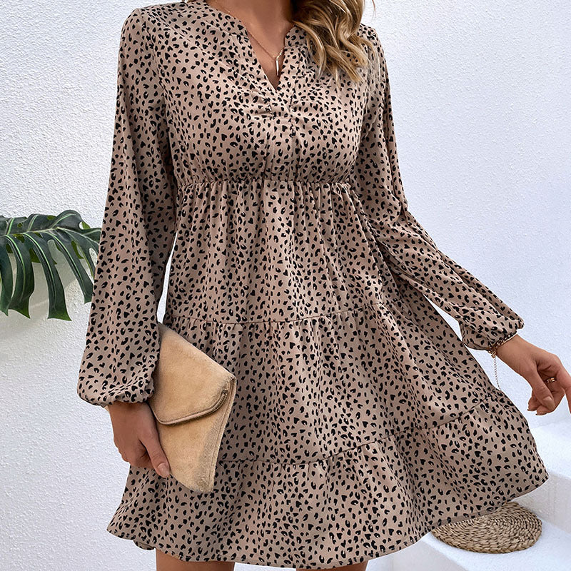 Women's Spring Pleated Leopard Print Long Sleeve Dresses