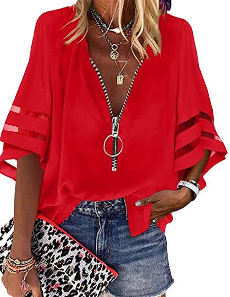 Women's Zipper Half Bell Sleeve Mesh Stitching Loose Casual Blouses