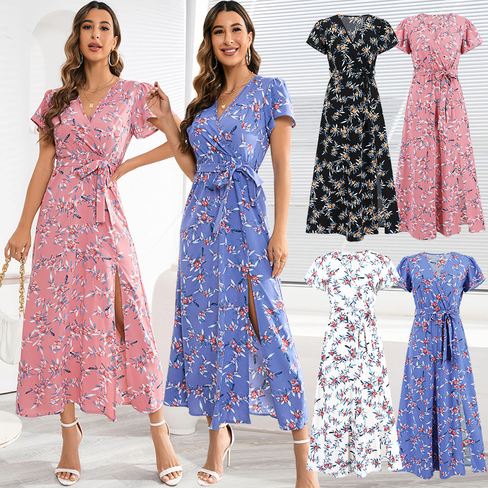 Women's Summer Bohemian Printed Sexy V-neck Slit Dresses