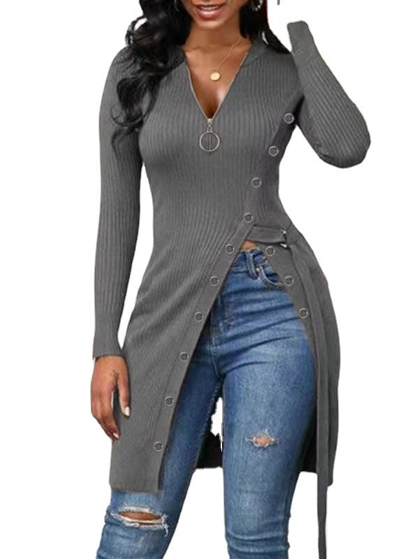 Women's V-neck Long Sleeve High Zipper T-shirt Blouses