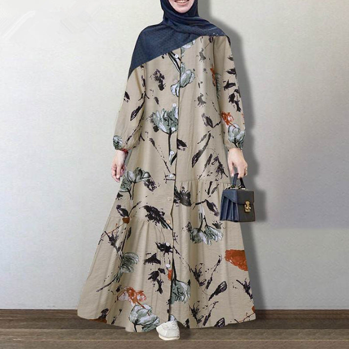 Women's Muslim Clothes Stitching Robe Cotton Long Sleeve Dresses