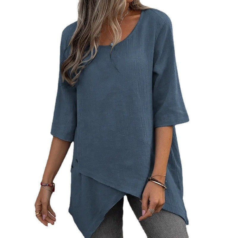 Women's Cotton Linen Irregular Shirt Half Sleeve Blouses