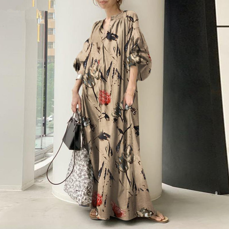 Women's Linen Printed V-neck Simple Loose Casual Long Dresses