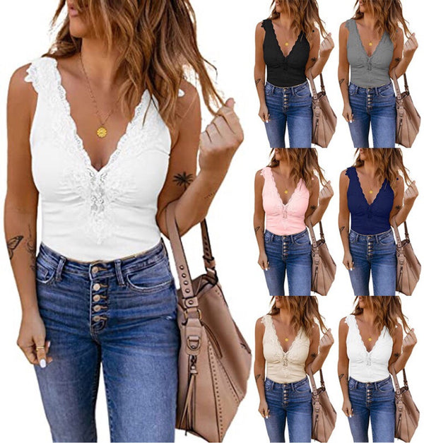 Women's Deep V-neck Patchwork Lace Summer Knitted Tops