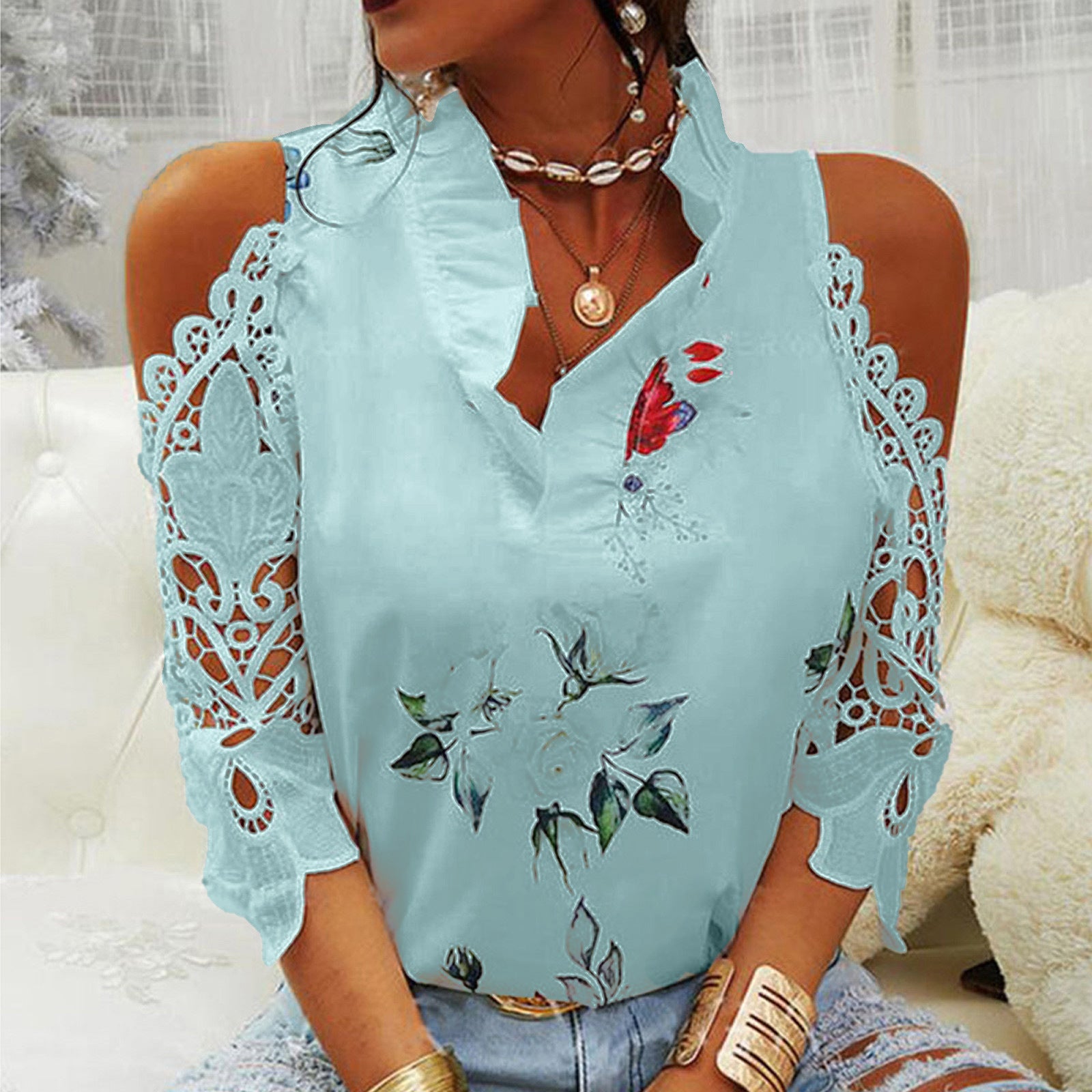 Women's Summer Flower Print Off-shoulder Lace Stitching Long Blouses