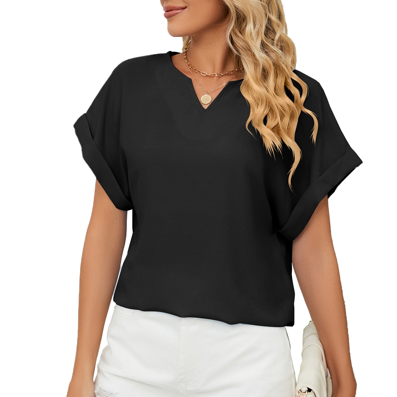 Women's Solid Color V-neck Short-sleeved Loose Blouses