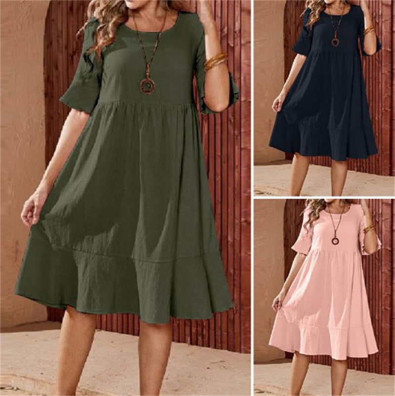 Women's Solid Color Loose Pleated Round Neck Flared Dresses