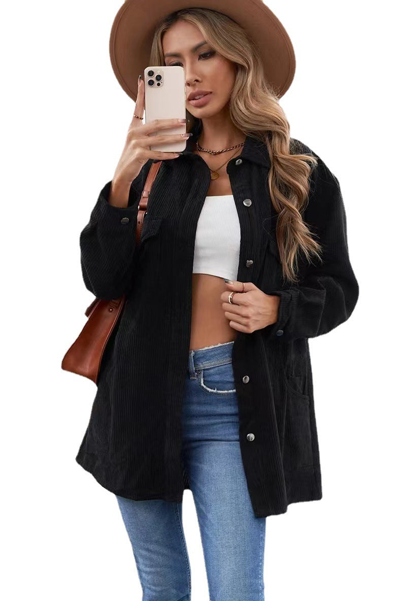 Women's Padded Corduroy Lapel Button Loose Casual Jackets