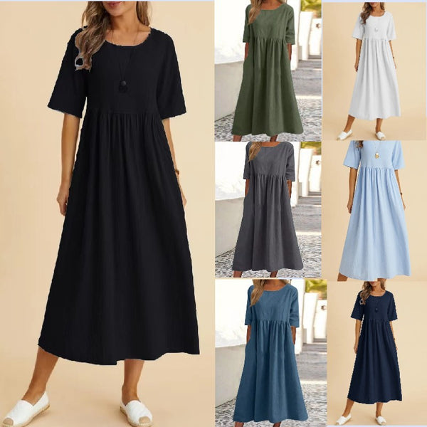 Women's Cotton Linen Pocket Half Sleeve Mid-length Dresses