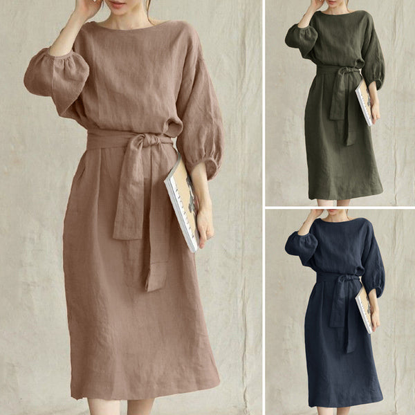 Robes à lacets taille haute pour femmes, couleur unie, col rond