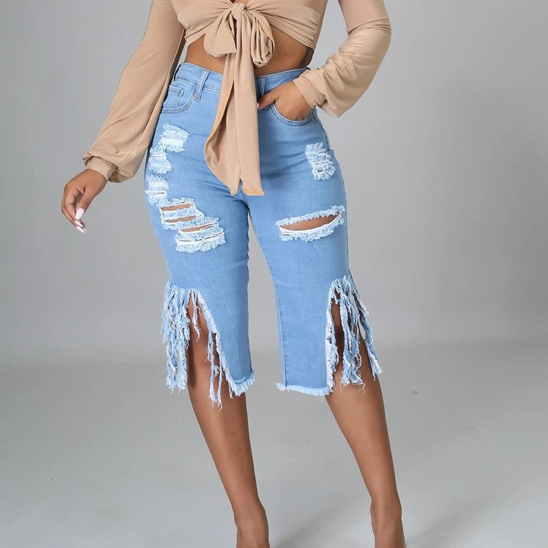 Durable Elegant New Ripped Stretch Cropped Jeans