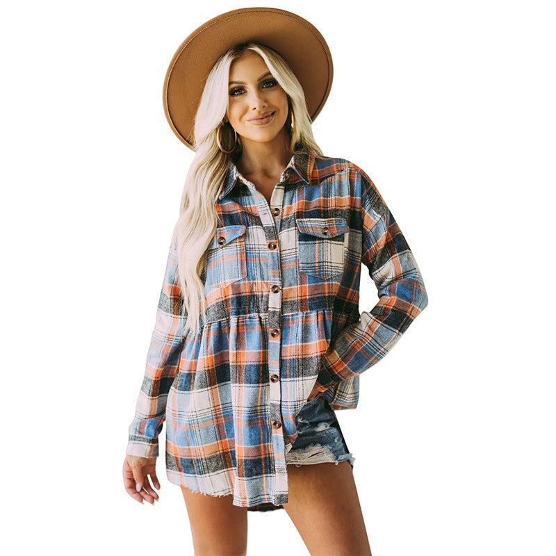 Women's Lapel Long Sleeve Pocket Casual Plaid Blouses