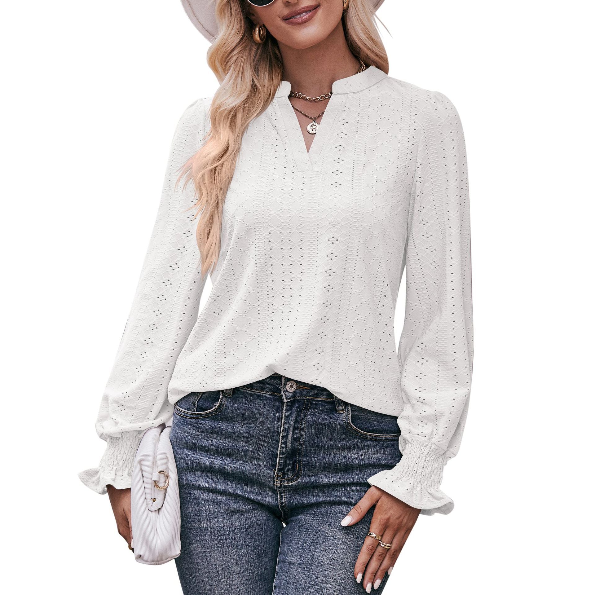 Women's Solid Color T-shirt Hole Long Sleeve Blouses