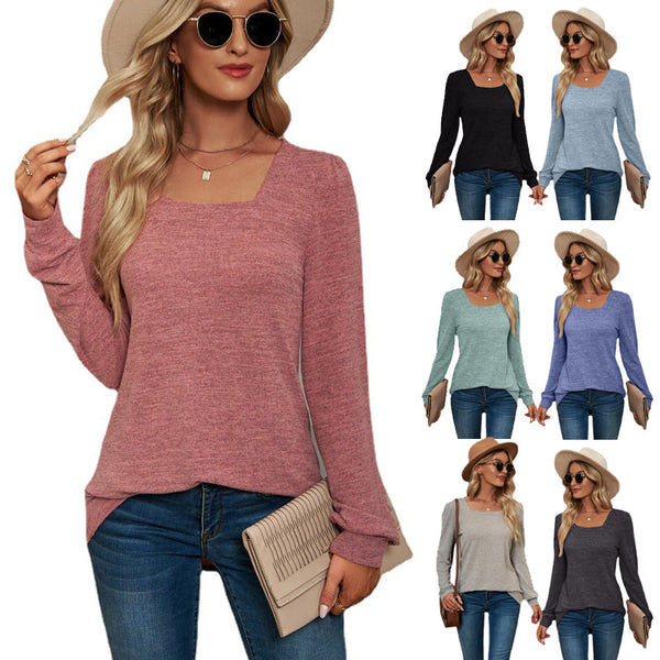 Color U-neck Pleated Long Sleeve Casual Blouses