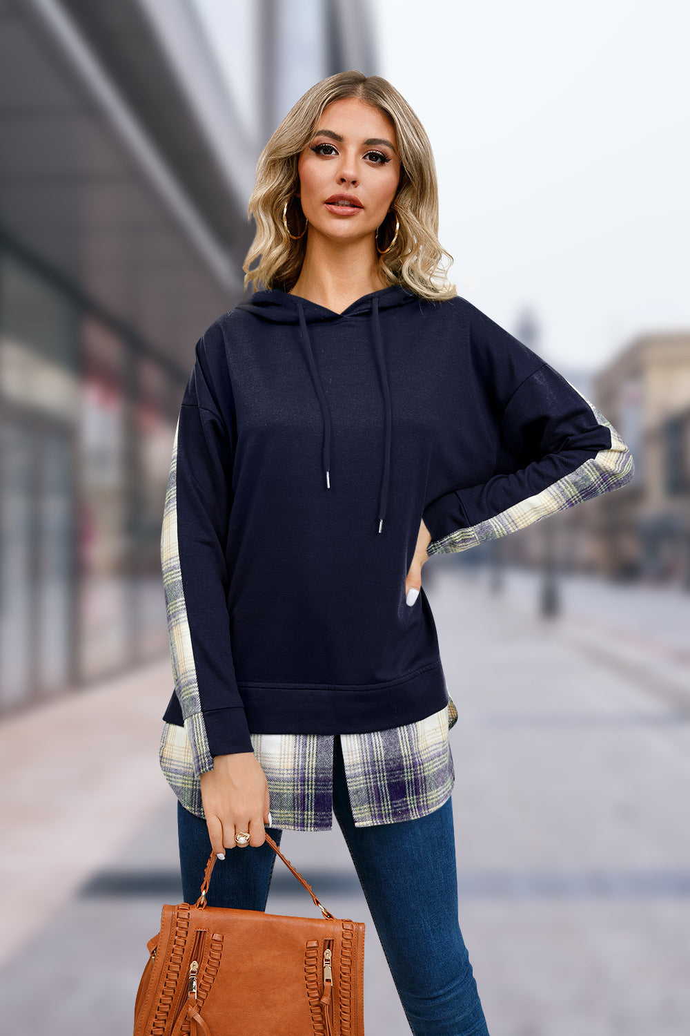 Women's Fashion Hooded Plaid Stitching Split For Sweaters