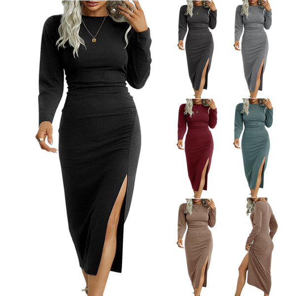 Women's Solid Color Round Long-sleeved Elegant Dress Dresses