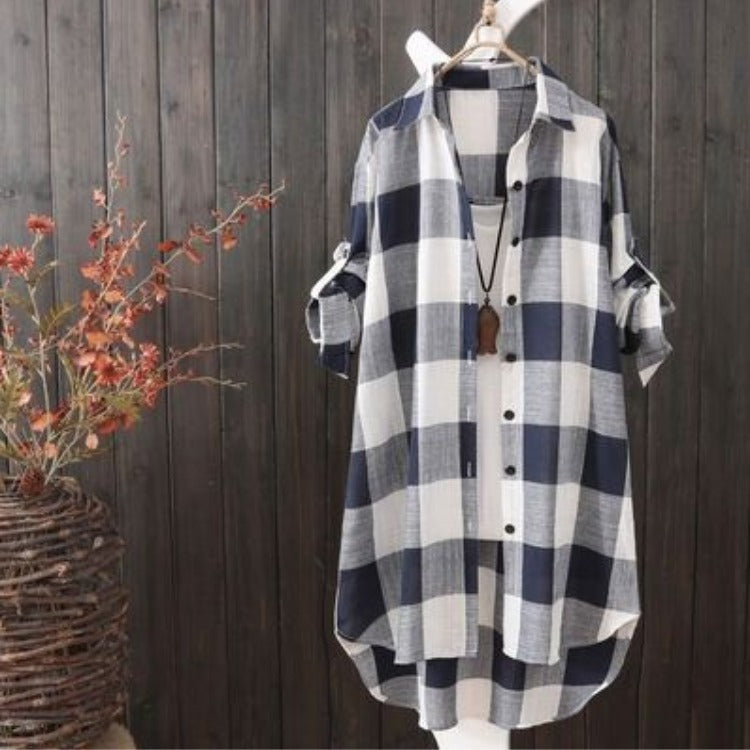 Women's Mid-length Large Loose Slimming Fashionable Plaid Blouses