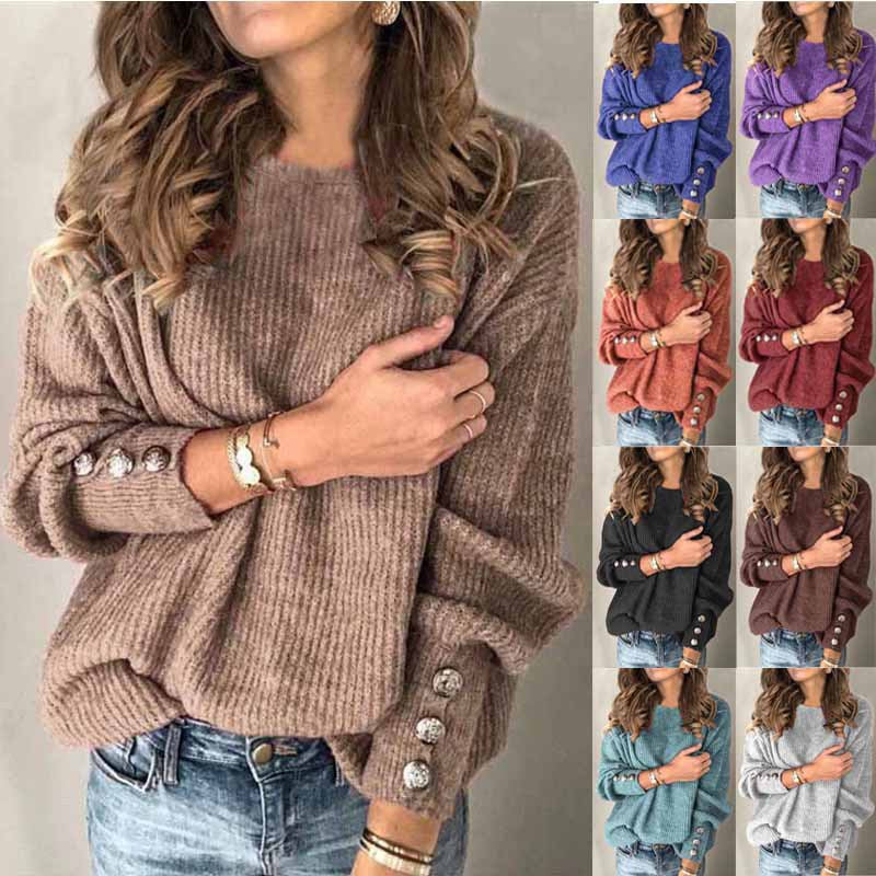 Women's Long-sleeved Round Neck Button T-shirt Sweaters