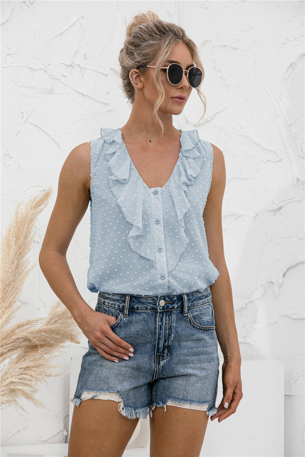 Sexy V-neck Ruffled Spaghetti Straps Button Blouses