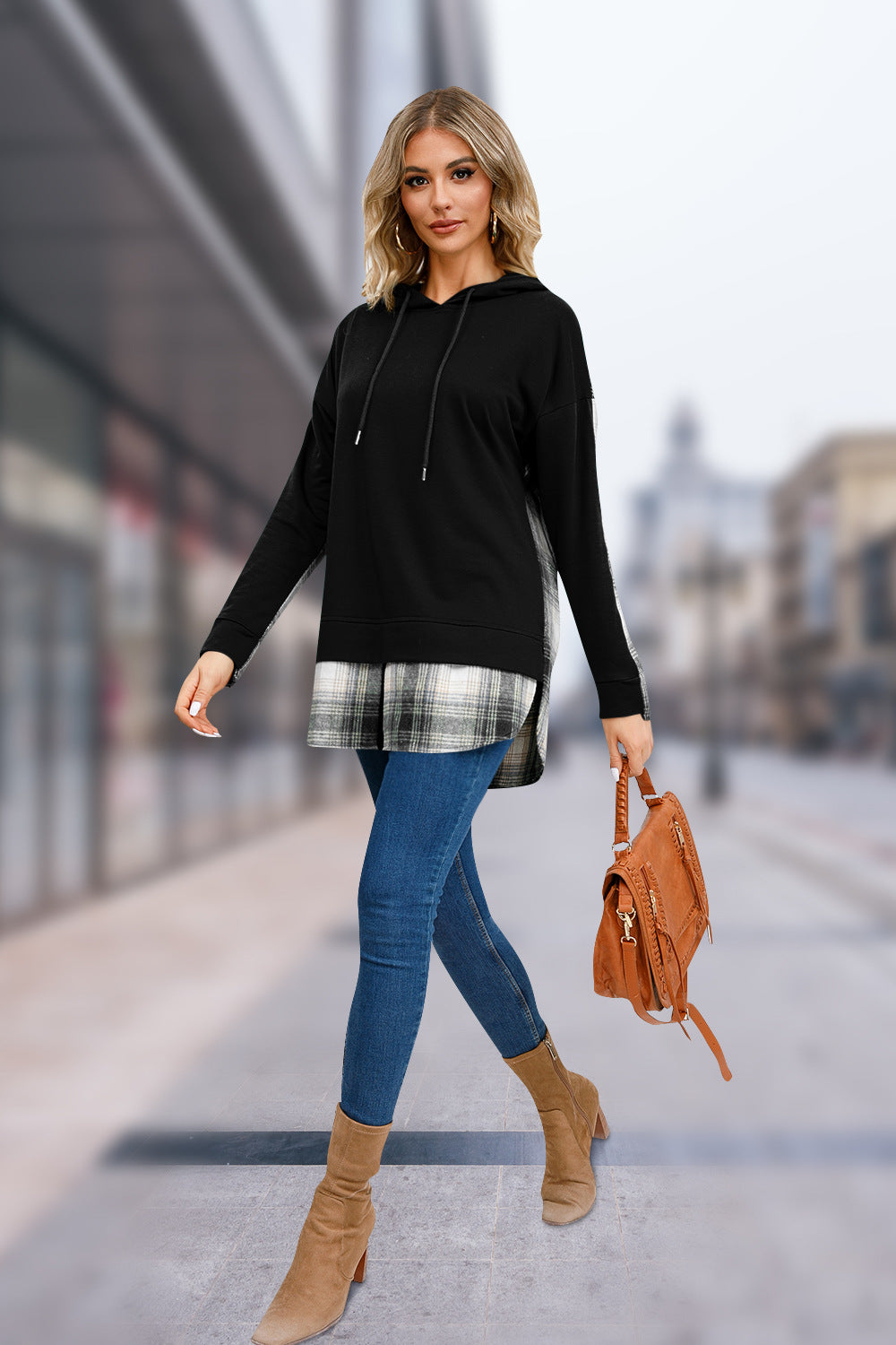 Women's Fashion Hooded Plaid Stitching Split For Sweaters