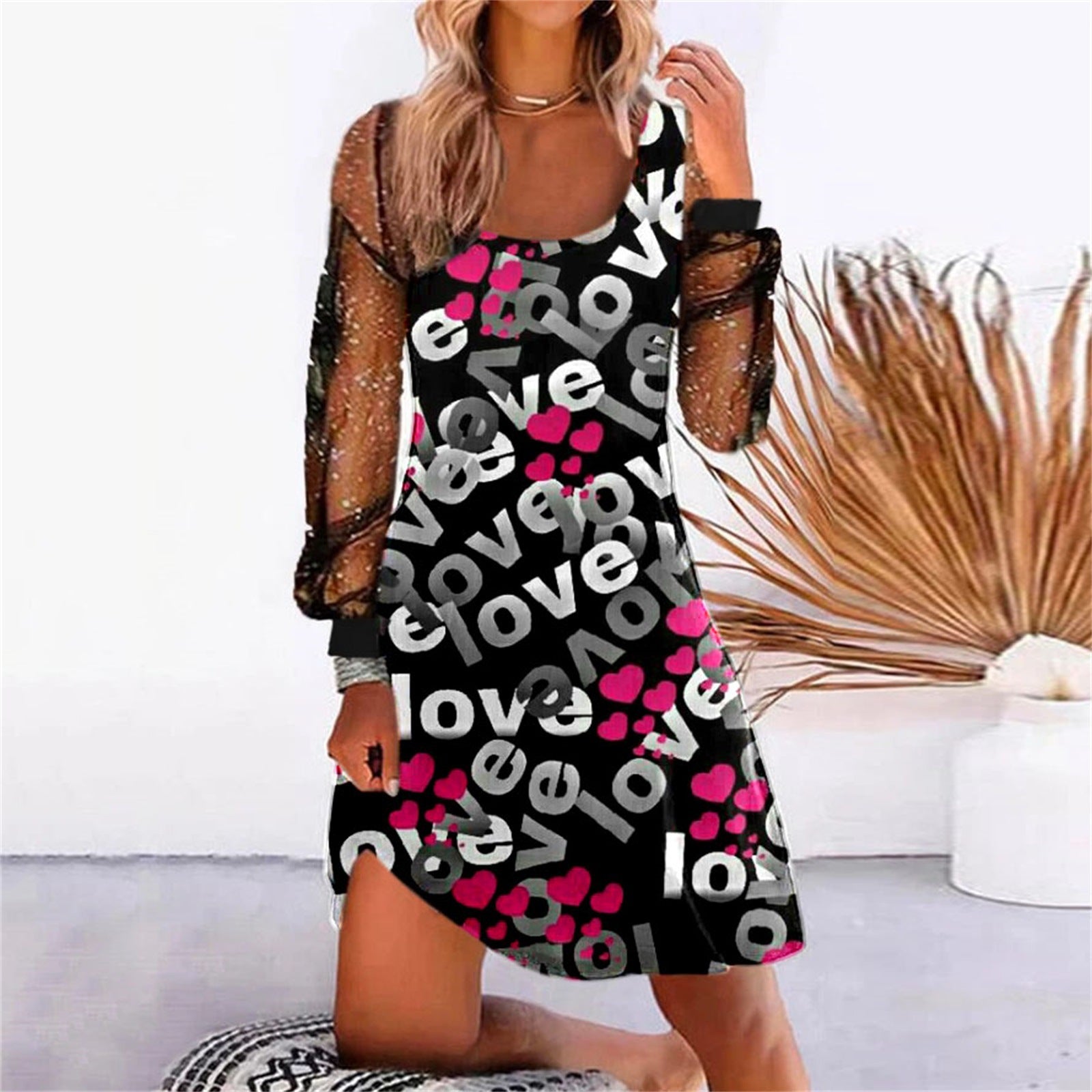 Women's New Printed Stitching Mesh Dress Dresses