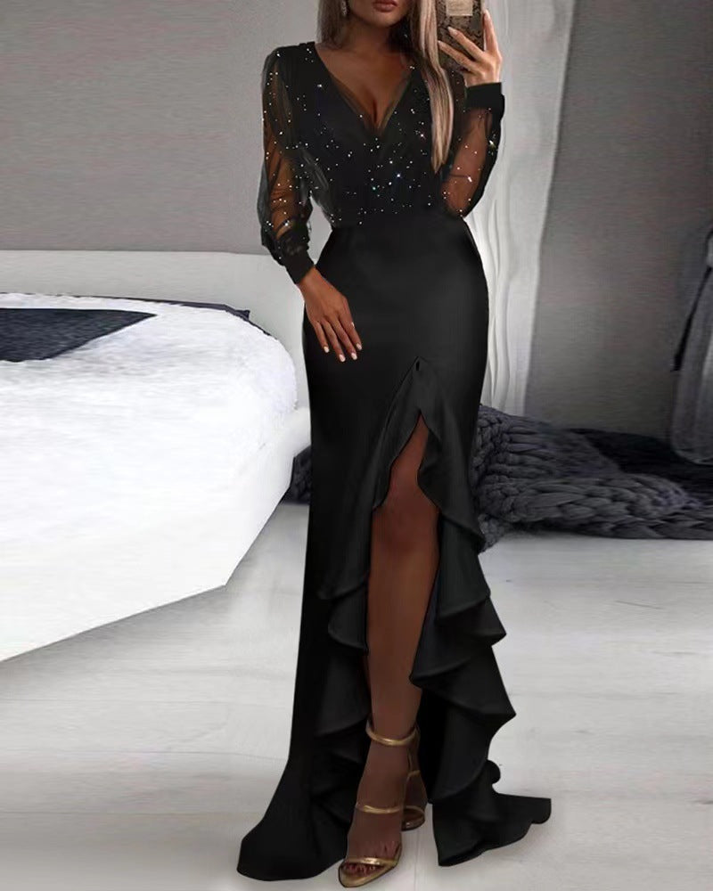 Black Art Mesh Sequins Temperament Commute Maxi Dresses