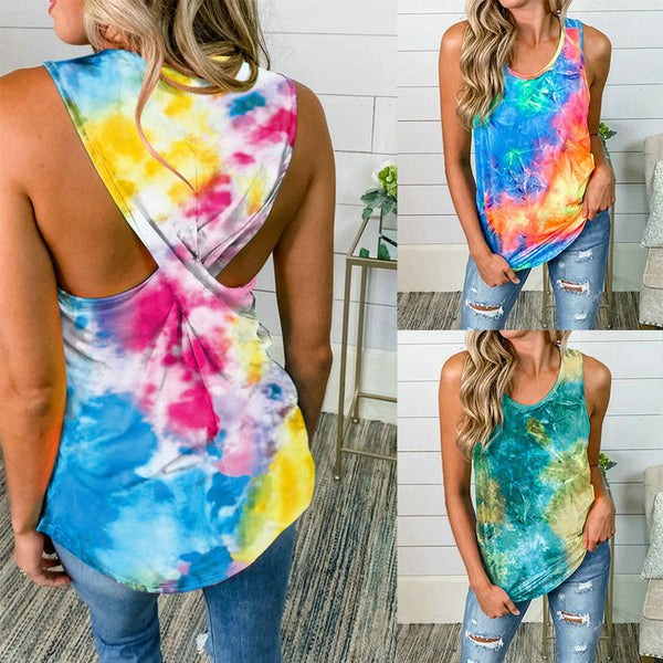 Women's Round Neck Sleeveless Tie-dyed Casual Slim Blouses