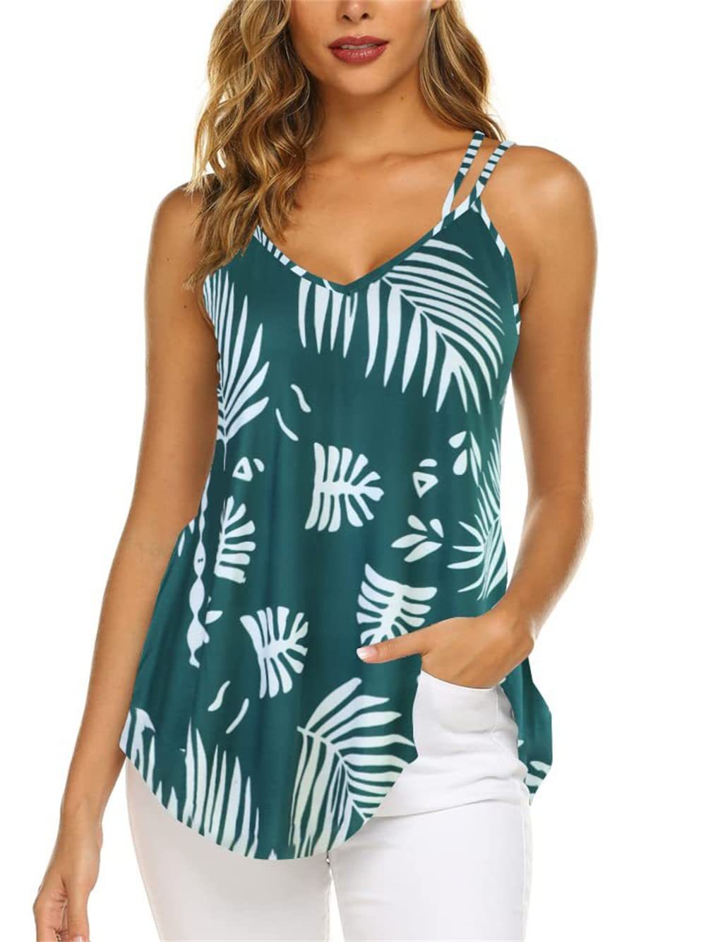 Women's Summer Sexy V-neck Double-strap Cotton-like Printed Blouses