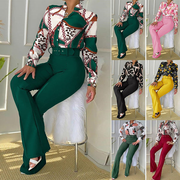 Casual Printed Collar Long Sleeve Shirt Wide Leg Two-piece Suits