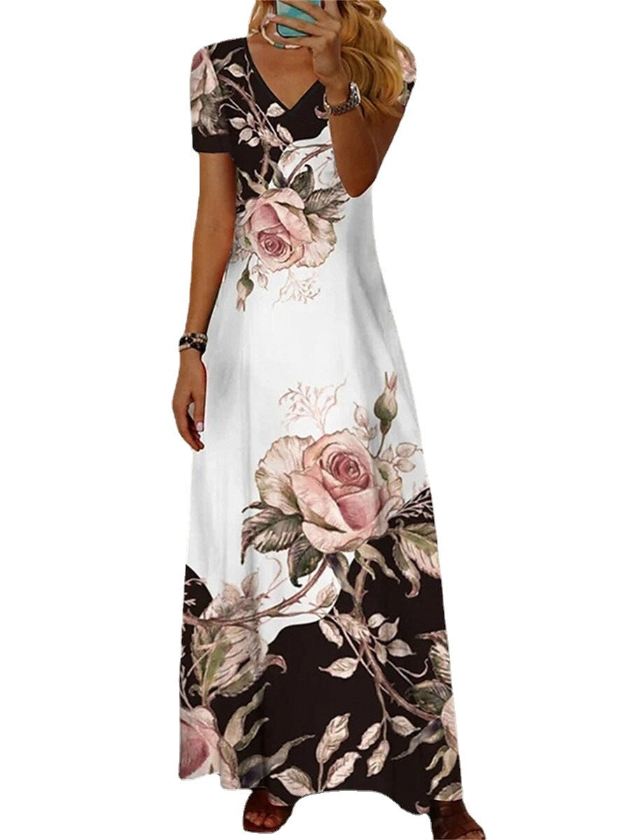 Women's Trendy Positioning Printed V-neck Short-sleeved Dresses