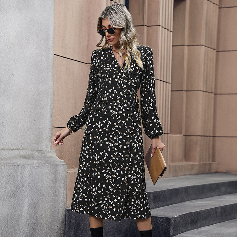 Women's Autumn Fashion Wear Printed Black Dress Dresses