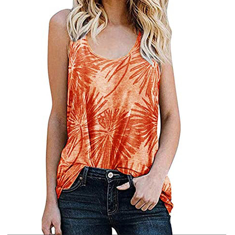 Women's Summer Casual Sleeveless Round Neck Leopard Print Floral Out Blouses