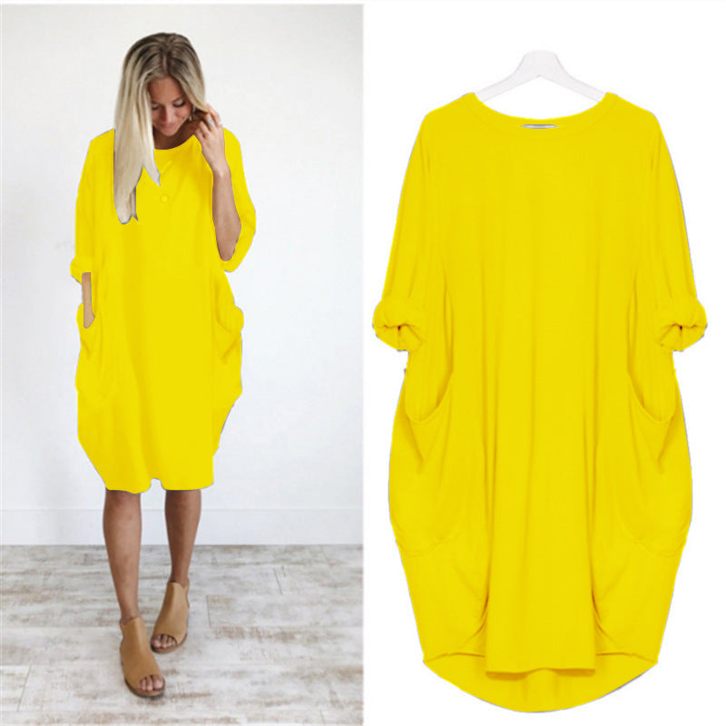 Women's Autumn Long Sleeve Round Neck Solid Color Loose Pockets Dresses