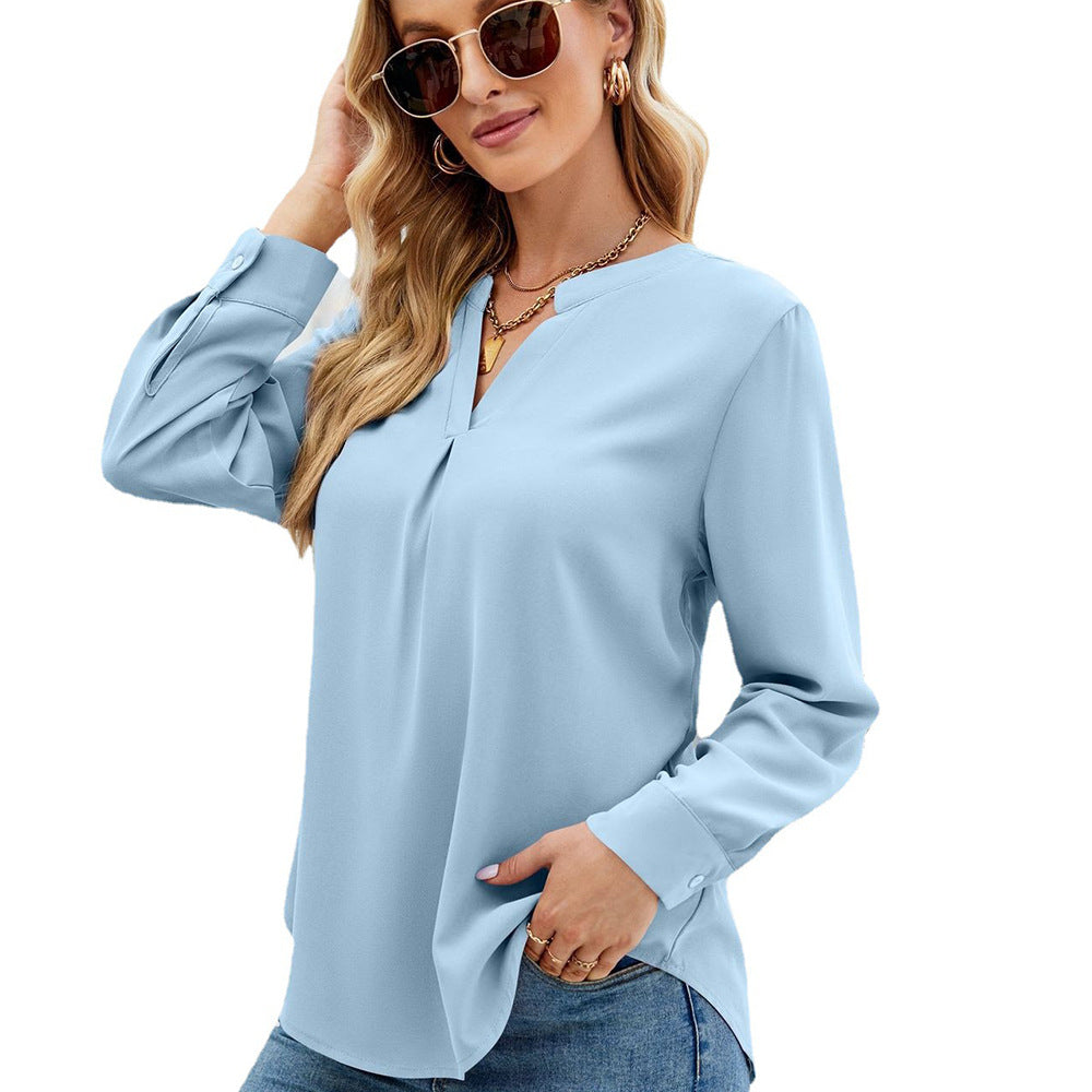 Women's Color Chiffon Shirt Loose V-neck Pullover Long Blouses