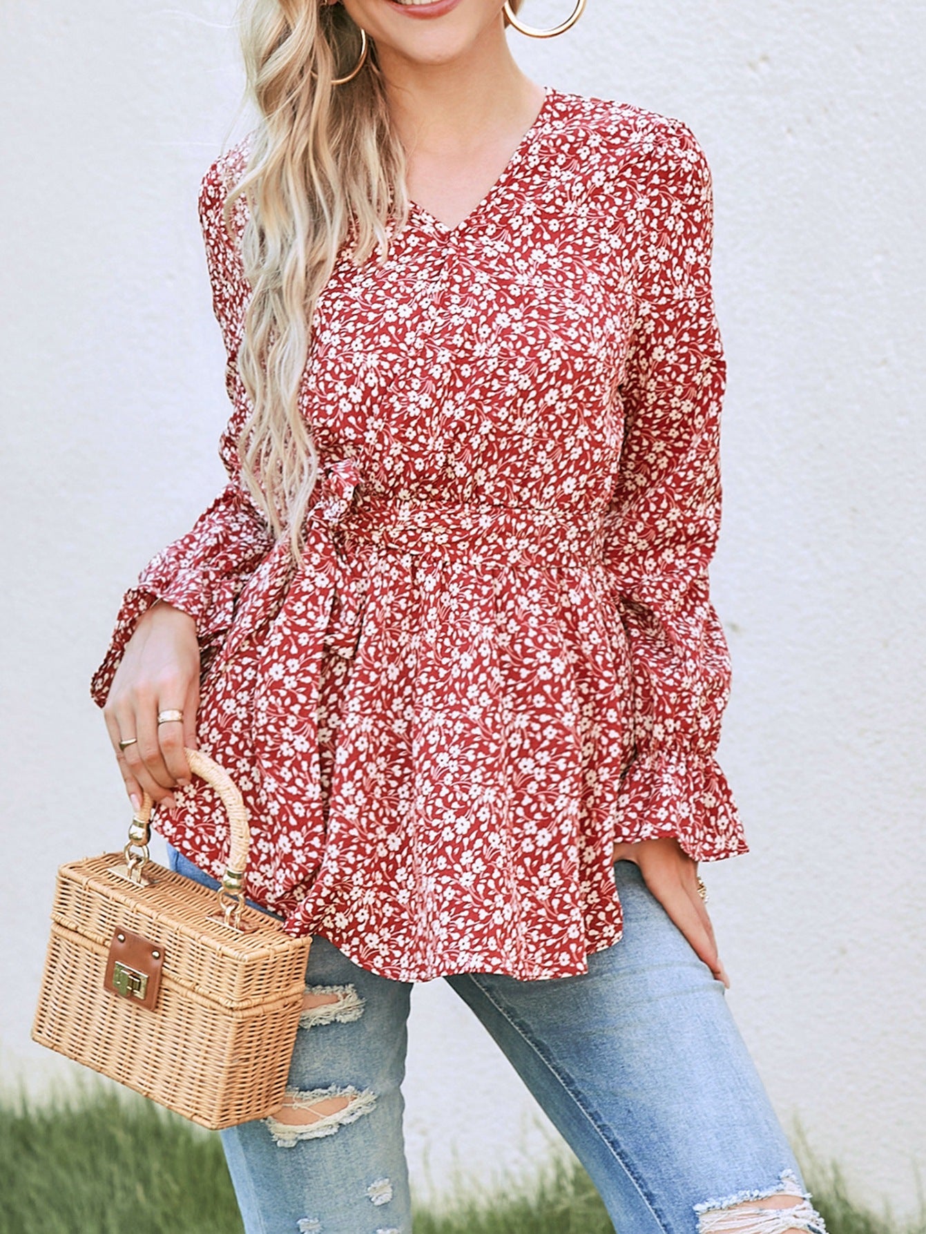 Autumn Fashion Printed Lace Up Long Blouses