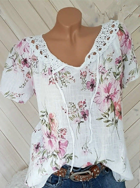 Summer Lace V-neck Printed Short-sleeved T-shirt Blouses