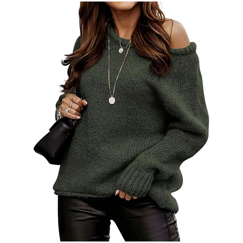 Women's Strapless Sexy Round Neck Pullover Solid Sweaters