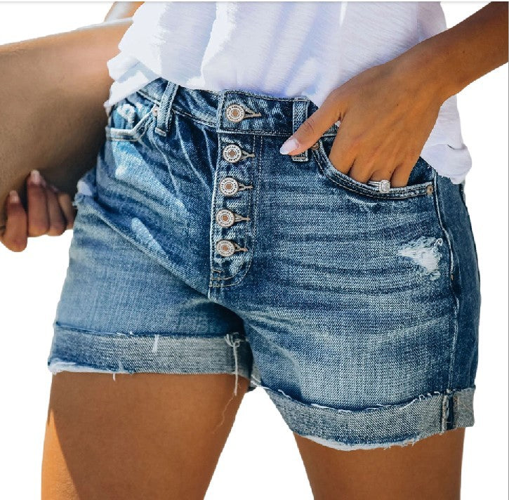 Women's High Waist Denim Fashion Breasted Ripped Jeans