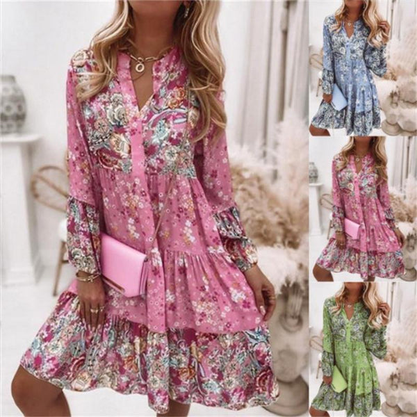 Summer Printed Loose Fashionable V-neck Pleated Dresses