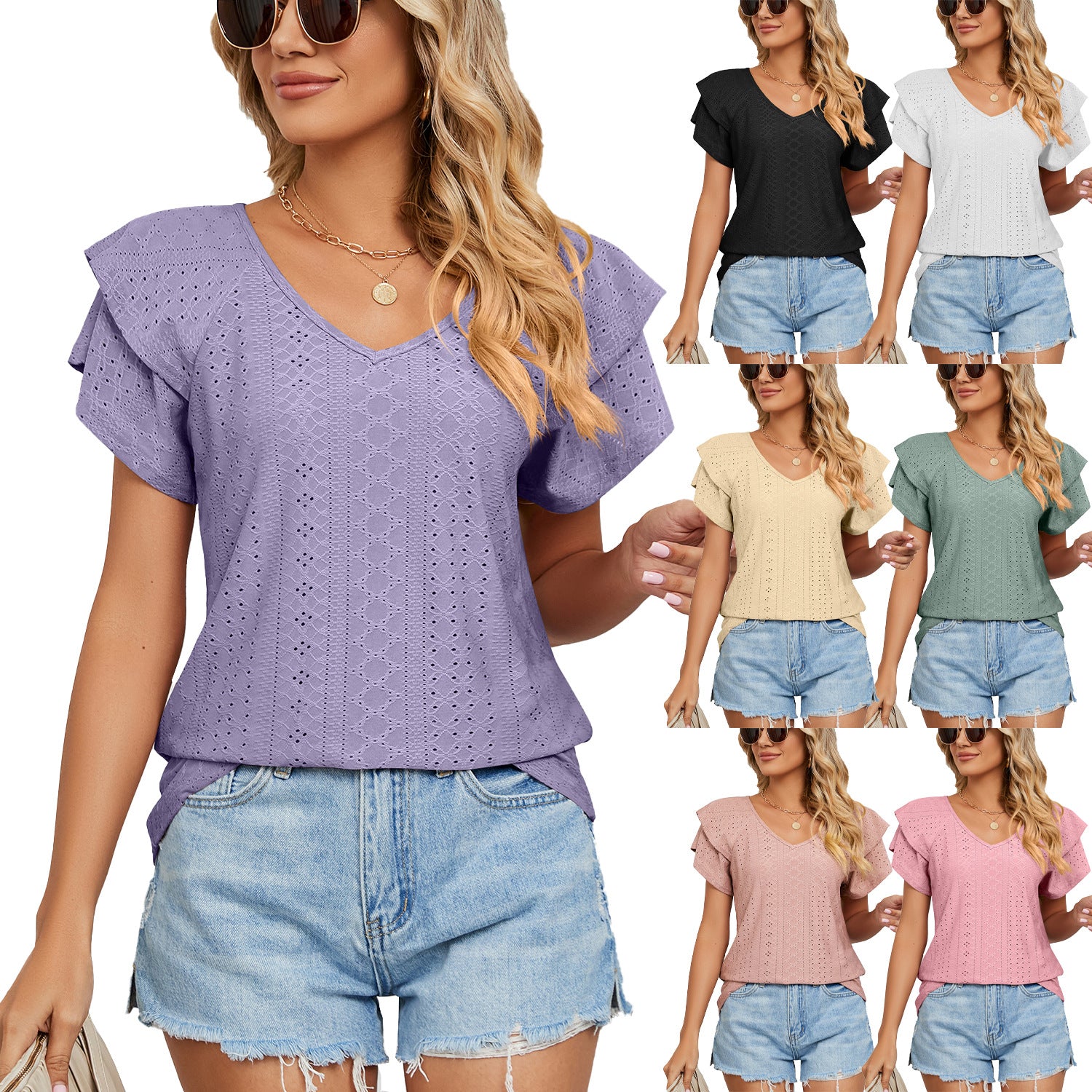 Women's Solid Color Double-layer Sleeve V-neck Loose Blouses