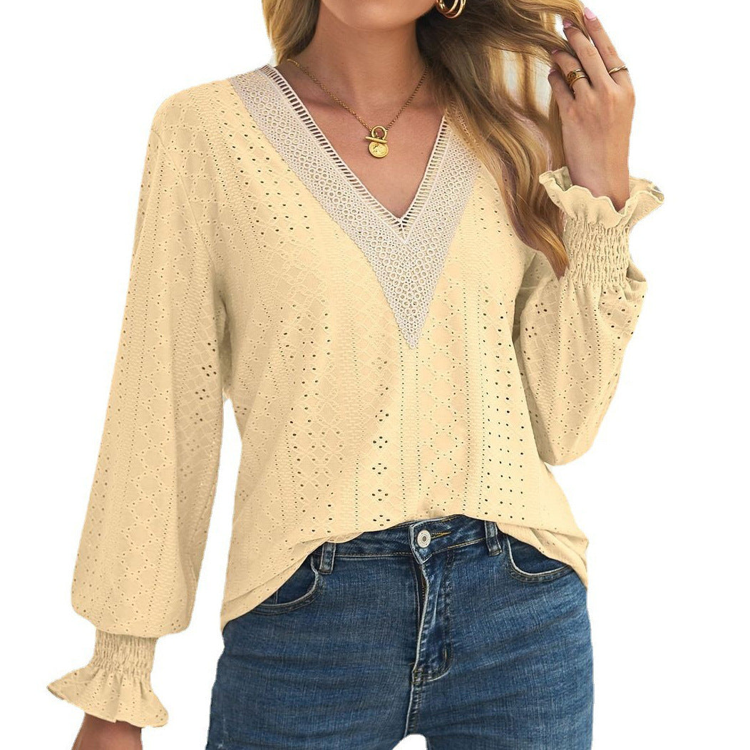 Sleeve Loose Hollow Lace V-neck Patchwork Blouses