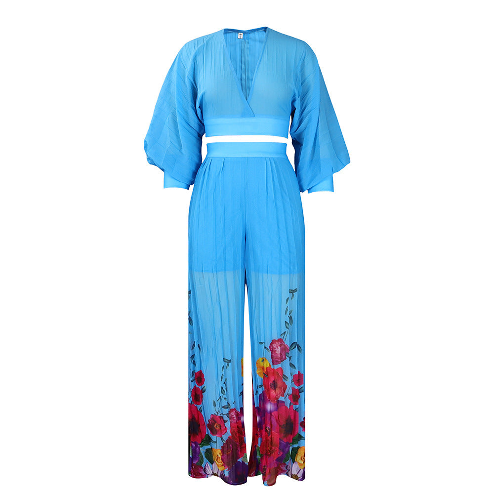 Women's Autumn Fashionable Elegant Chiffon Pleated Printed Suits