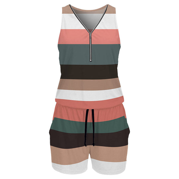 Women's V-neck Zipper Striped Sleeveless One-piece Drawstring Jumpsuits