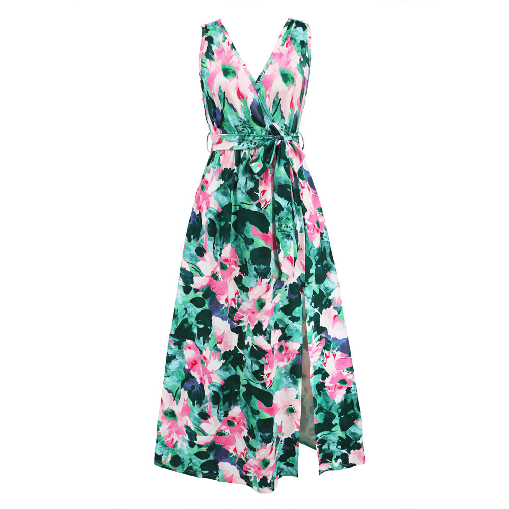 Women's Bohemian Printed Summer Sleeveless V-neck Slit Dresses