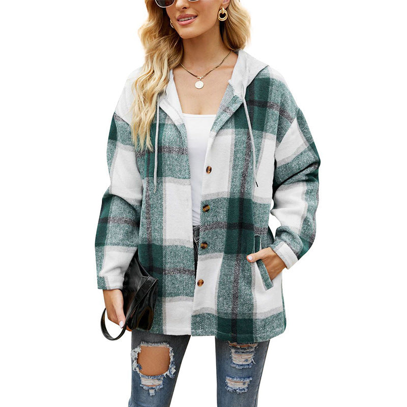 Women's Plaid Hooded Casual Loose Shirt Blouses