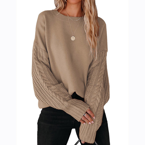 Women's Solid Color Round Neck Cable-knit Lantern Sweaters