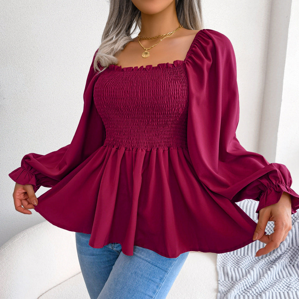 Women's Wooden Ear Square Collar Long Sleeve Blouses