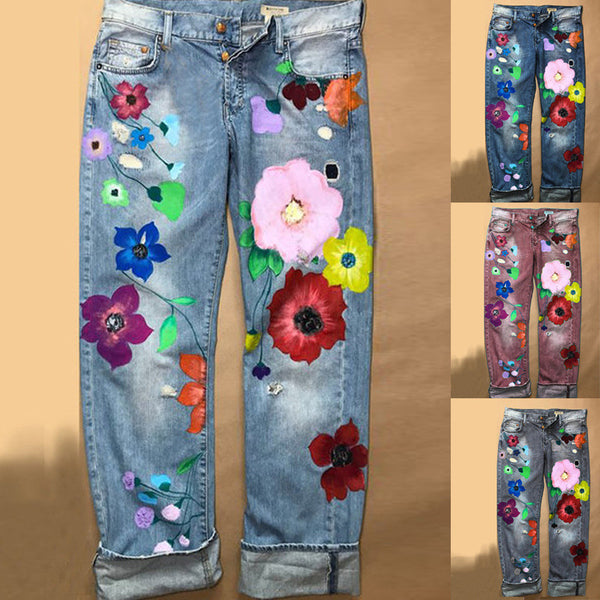 Women's Straight-leg Fashion Printed Denim Trousers Jeans