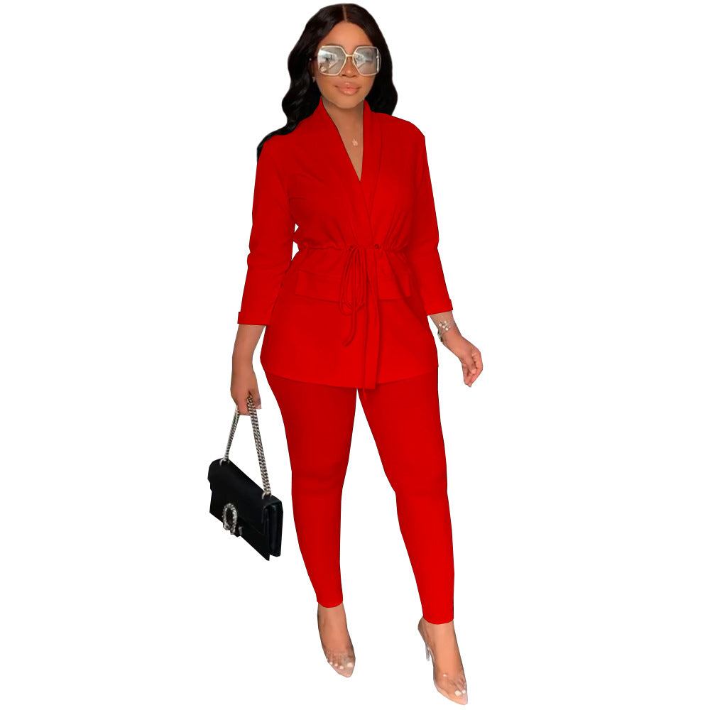 Women's Fashion Casual Small Drawstring Strap Two-piece Suits