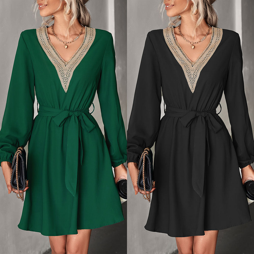 Women's Autumn Fashion V-neck Lace Long Sleeve Dresses